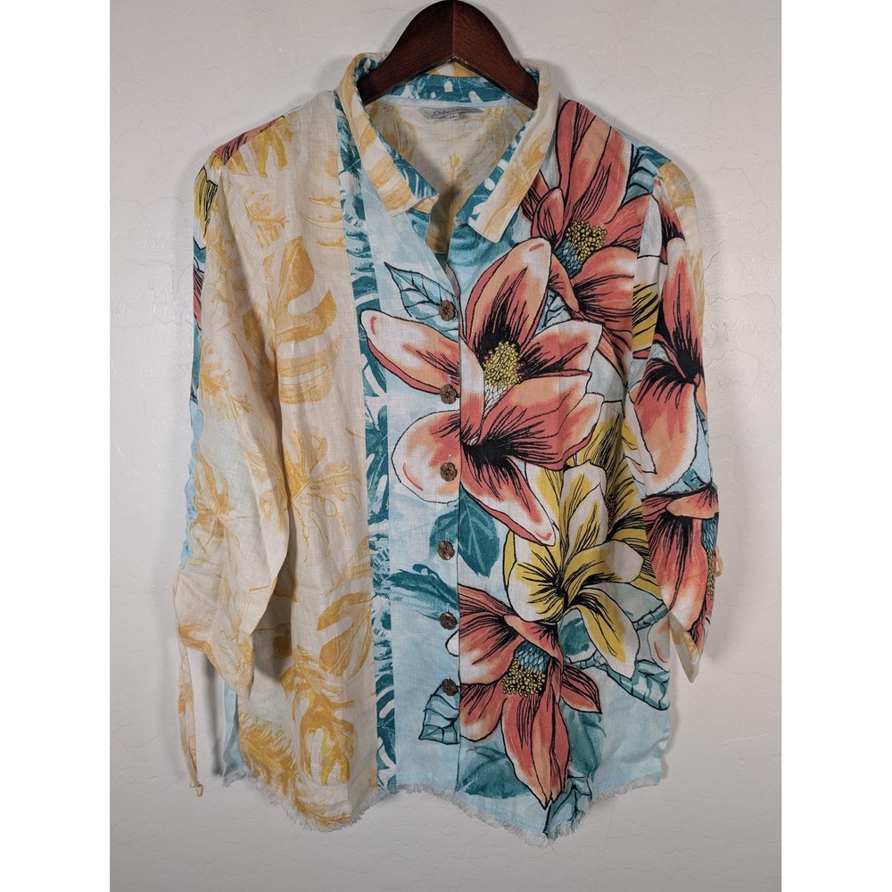 John Mark Shirt Womens Medium‎ Multicolor Floral Linen Button Up Top Boho Frayed